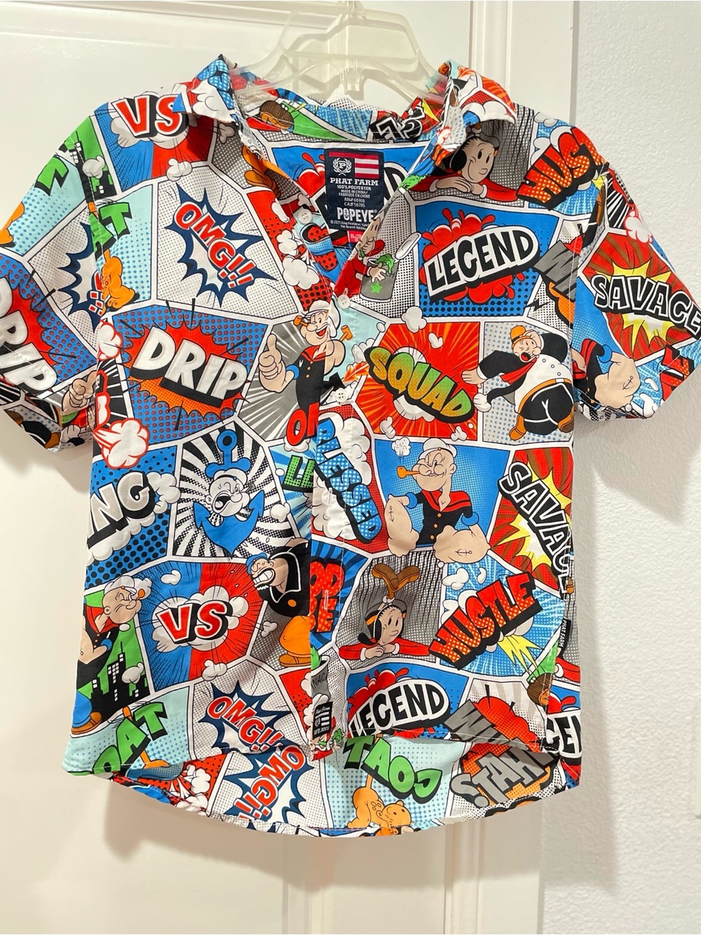 Phat Farm Popeye Comic Print Shirt — Blue, Red, Black